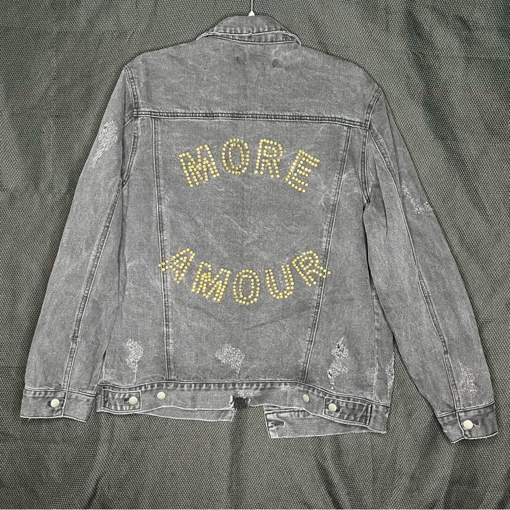 Forever 21 “More Amour” Rhinestone Black Distressed Denim Jean Jacket